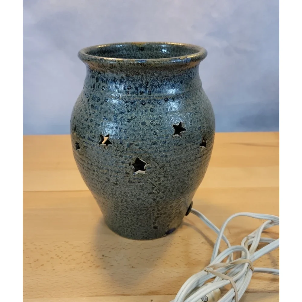 Hand Made Pottery Night Light Moon Stars Electric blue grey 7.5” tall